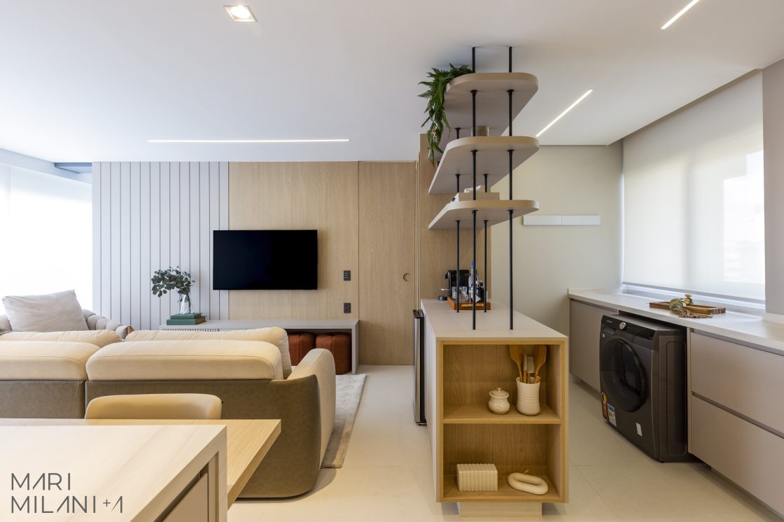 Meia-estante em um apartamento estúdio: setorização dos espaços