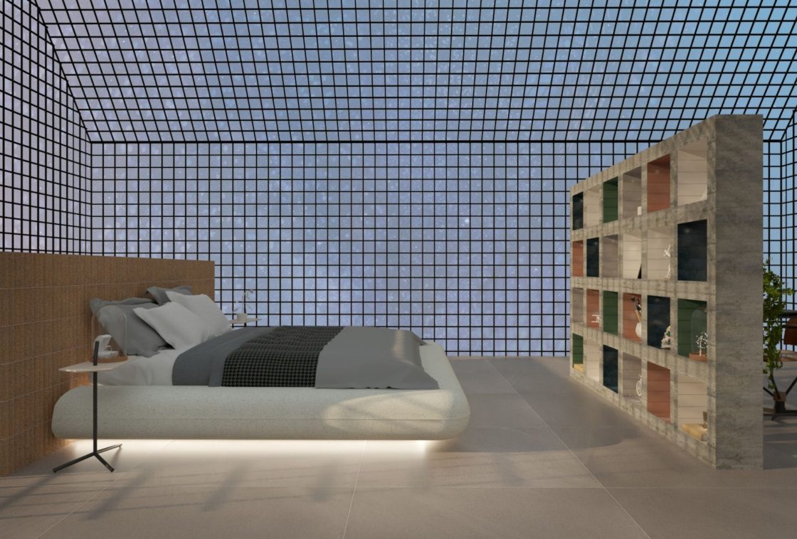 Projeto de dormitório com a divisão de espaço para dormir e home office separads por uma estante em concreto
