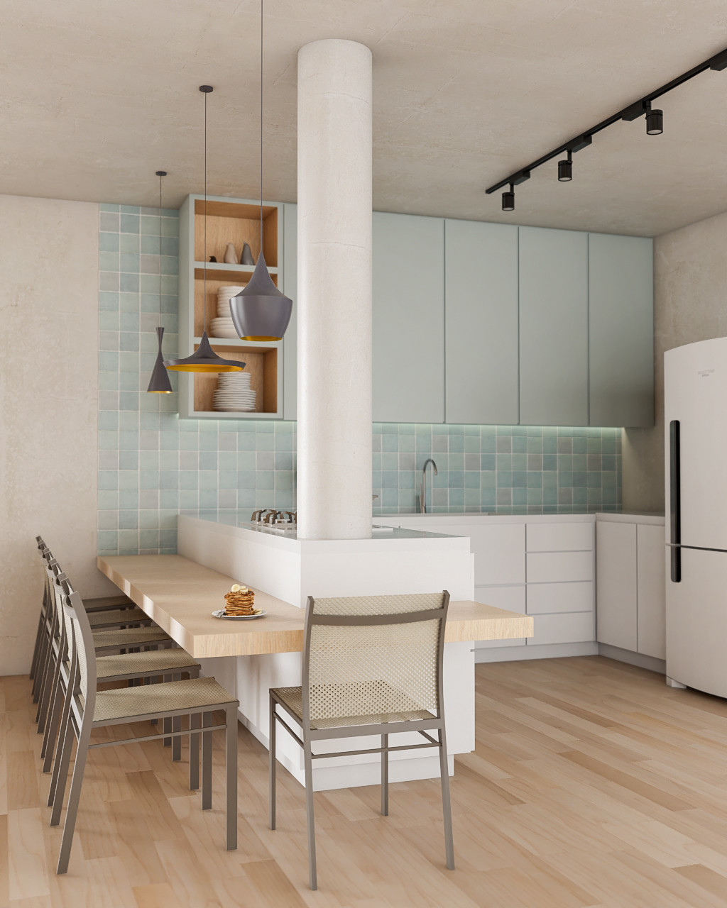 Uma cozinha moderna pode ser composta com uma base neutra e detalhes em Candy Colors, como nessa parede em Casablanca (Projeto: Silvia Miranda)