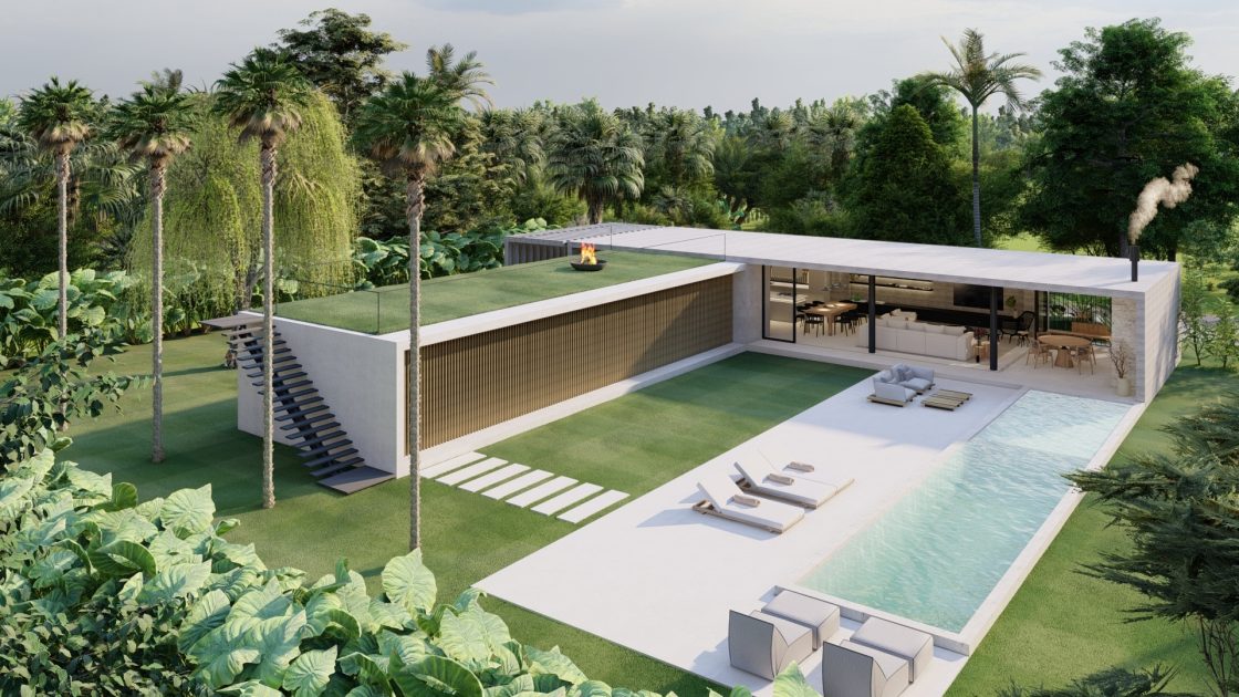 Casa com jardim no terraço e área externa com piscina