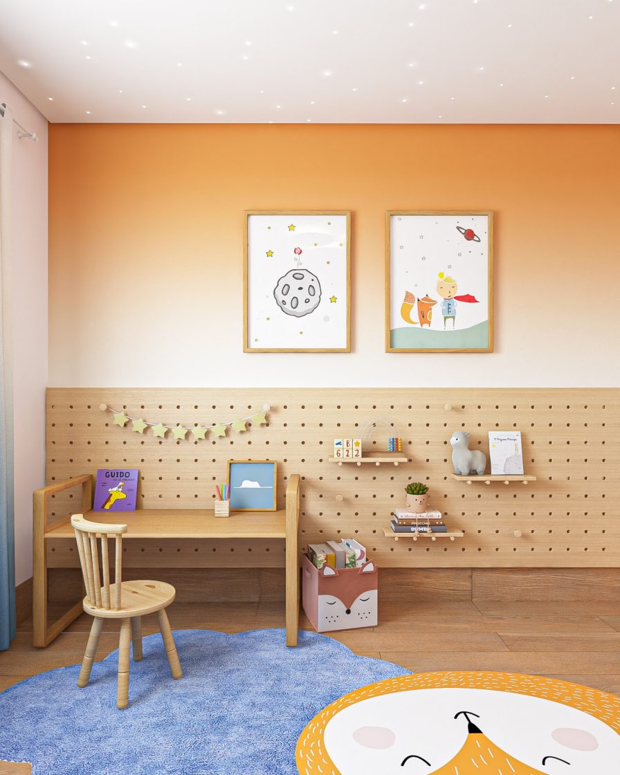 Quarto infantil com espaço para estudos