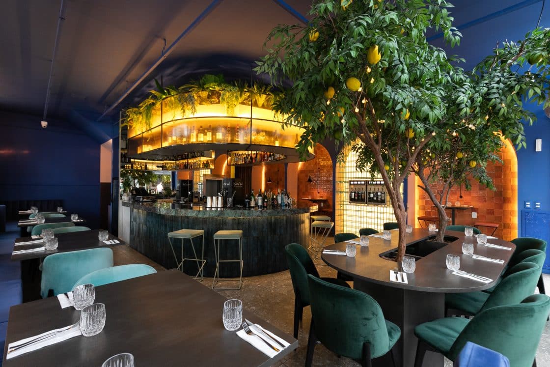 restaurante moderno com plantas e cores vibrantes na decoração