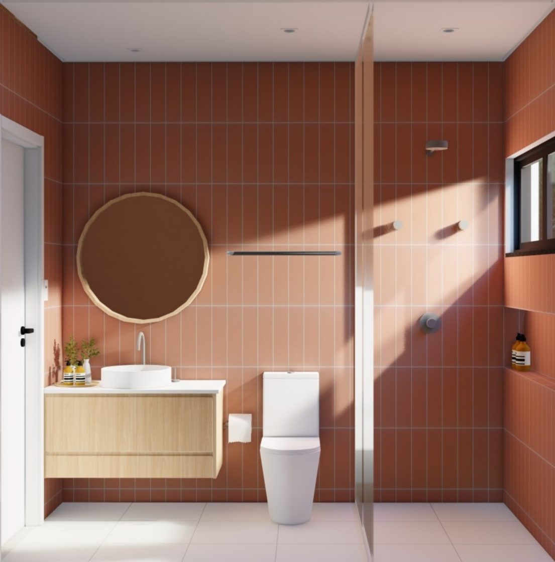banheiro revestido com cerâmica com parede marrom