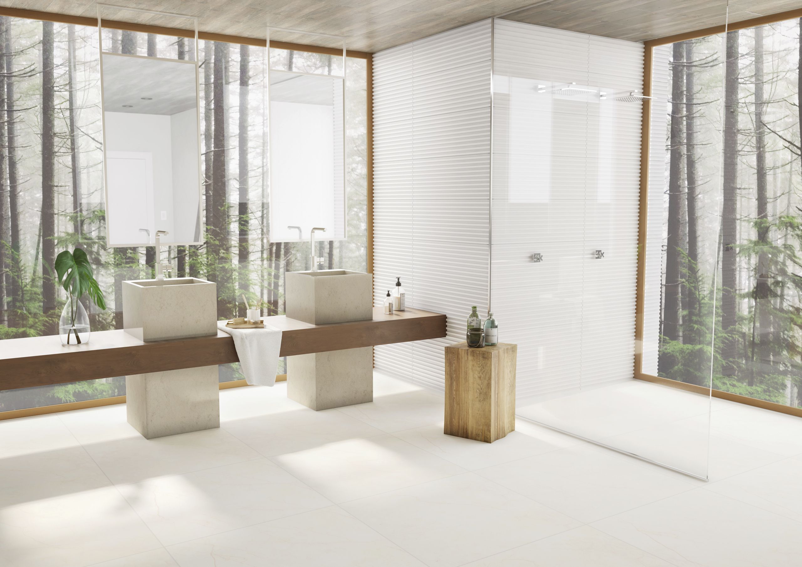 A adoção do vidro e do porcelanato Spezia Bianco da linha Temps dão claridade singular a banheiro