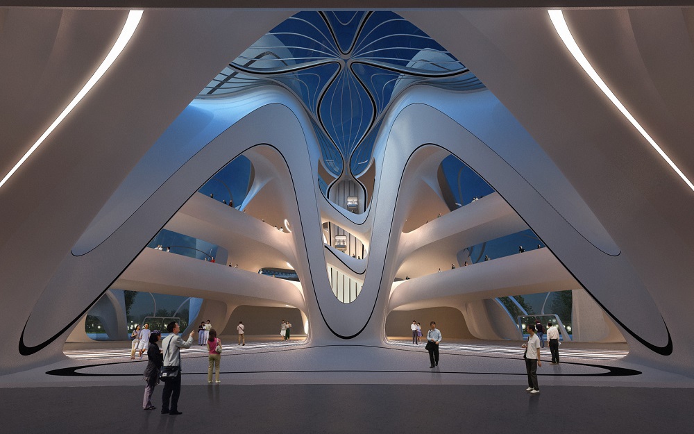 Arquitetura Futurista - O museu conta com átrio central, com o formato de pétalas fluídas (Foto: Zaha Hadid Architects)