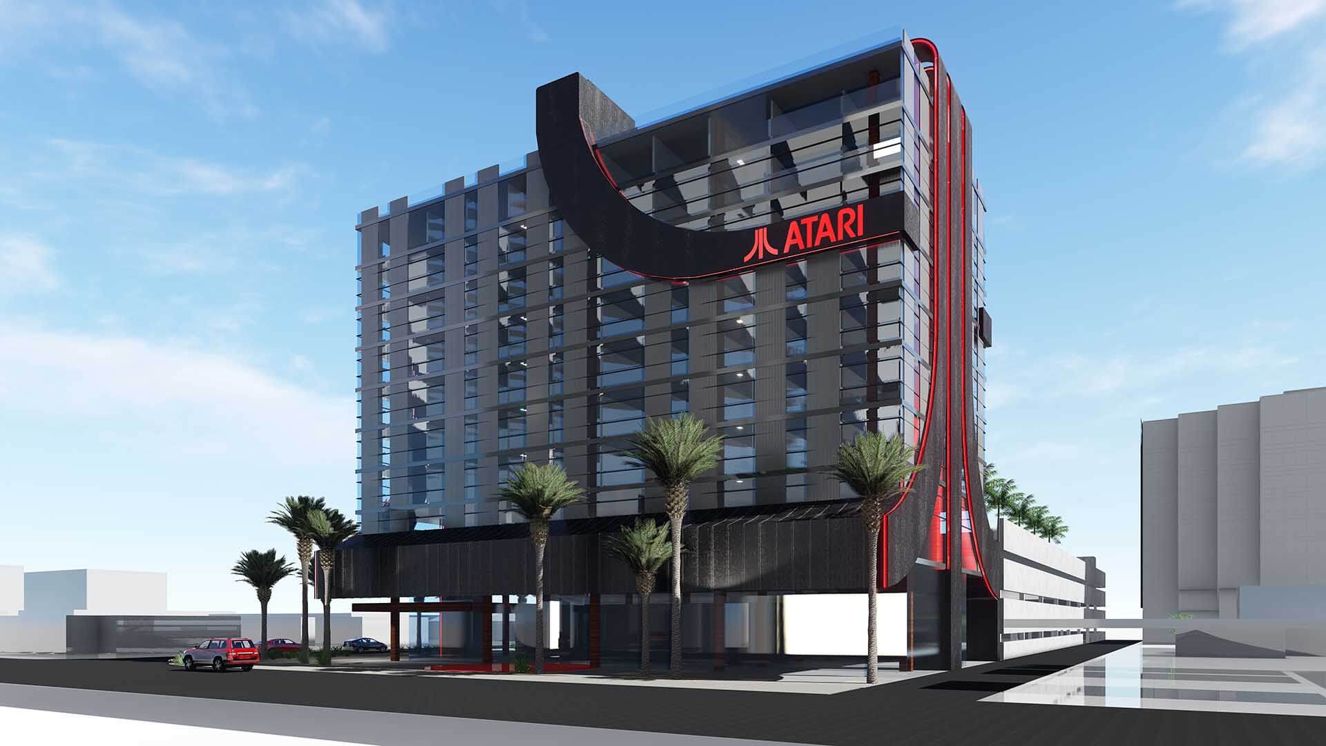As fachadas dos hotéis são inspiradas no logo da Atari (Foto: Atari Hotels)