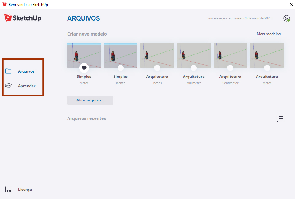 Na tela inicial do SketchUp, o usuário pode escolher por ver vídeos sobre como funciona a ferramenta (Imagem: Archtrends)
