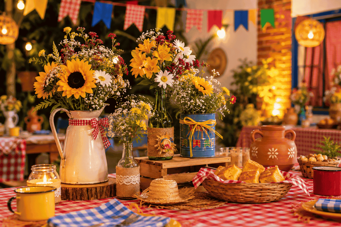 Arranjos de flores do campo com girassóis, margaridas e mosquitinhos organizados em garrafas de vidro, leiteiras e recipientes reaproveitados sobre mesa decorada para festa junina