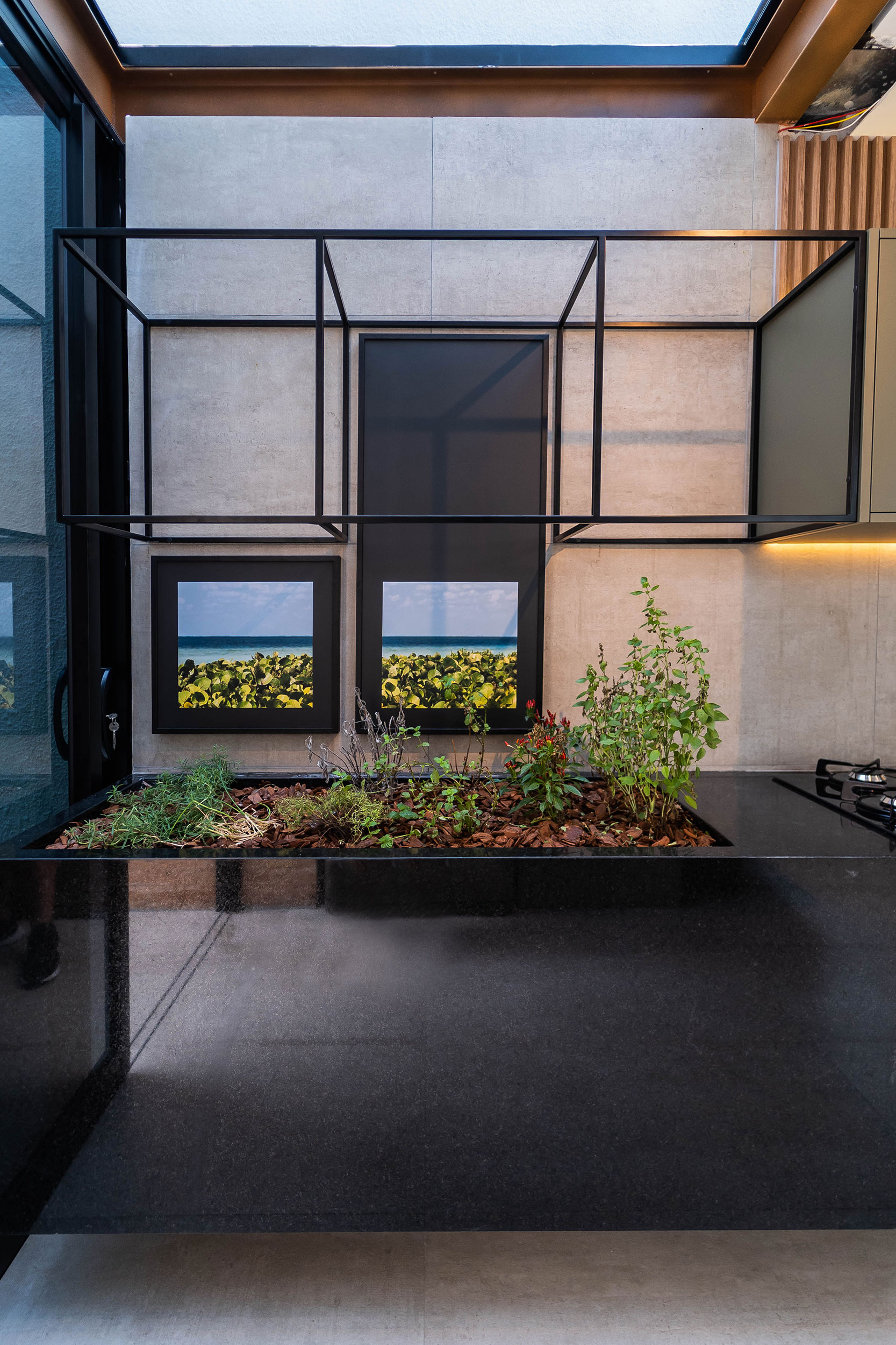 Jardim Pequeno - Com uma abertura no teto para a entrada de luz, e ao lado de uma área externa, esta horta priorizou a praticidade ao lado do fogão (Foto: VICTOR ROMANSINI/Archtrends)