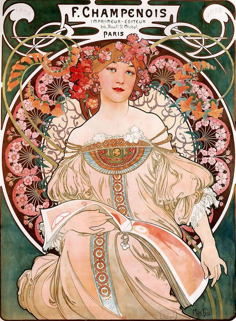 Cartaz publicitário F. Champenois Imprimeur-Éditeur, um exemplo de Art Nouveau aplicado às ilustrações (Arte: Alphonse Mucha)