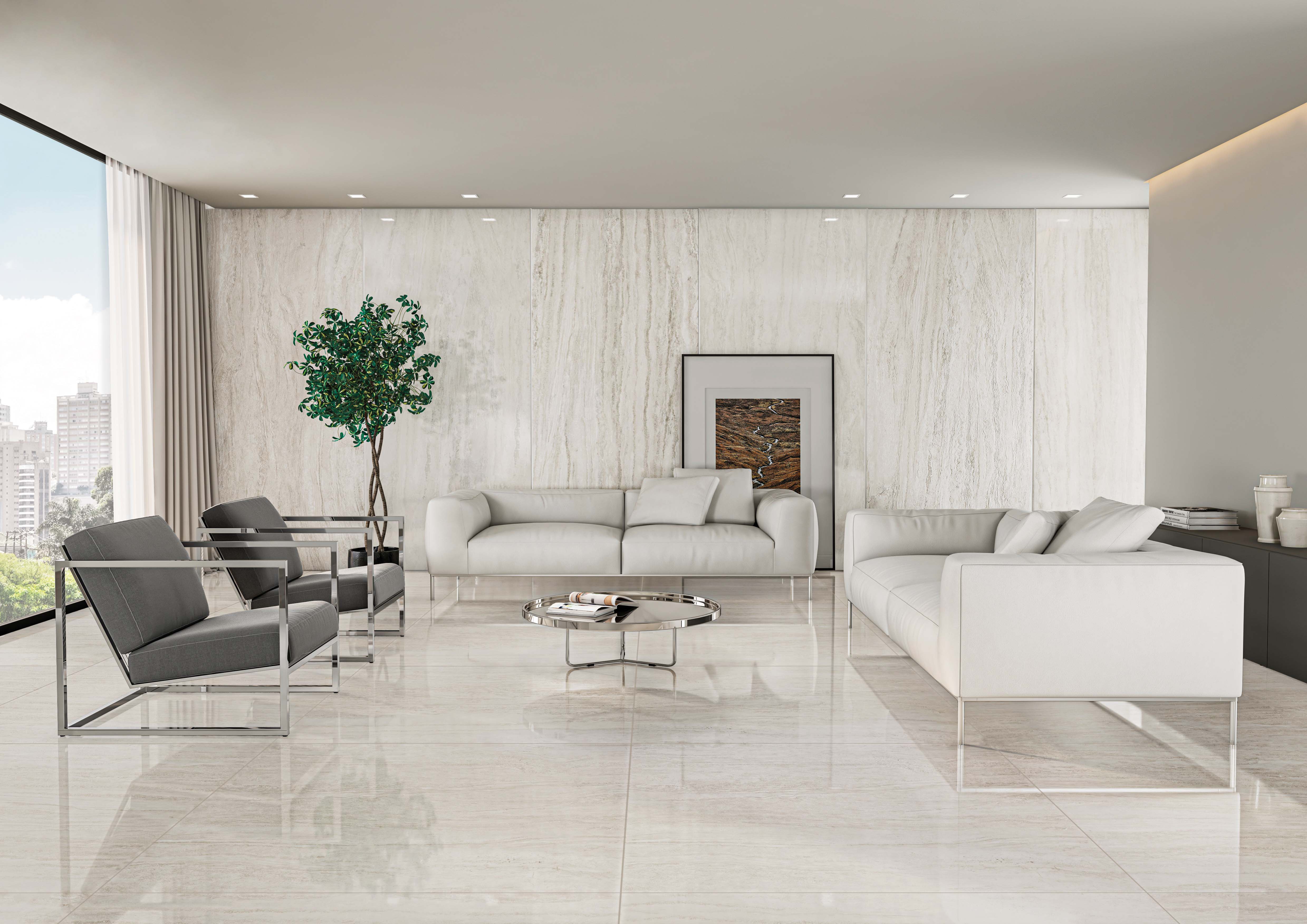 Inspiração de sala de estar com aplicação do Travertino Navona Grigio no piso (Foto: Portobello S.A.)