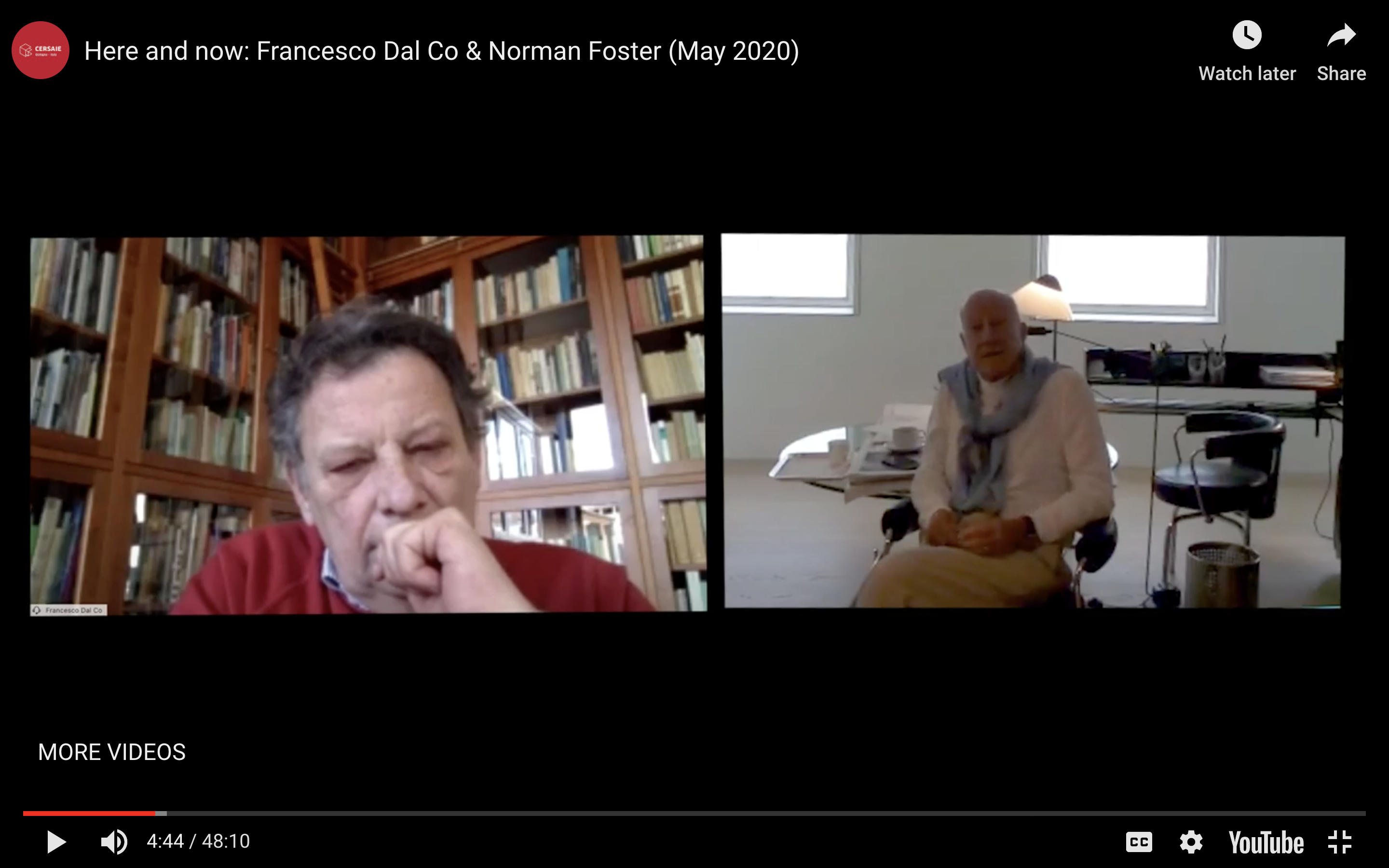 O historiador de arquitetura Francesco Dal Co entrevista o Pritzker Norman Foster, na programação digital da Cersaie