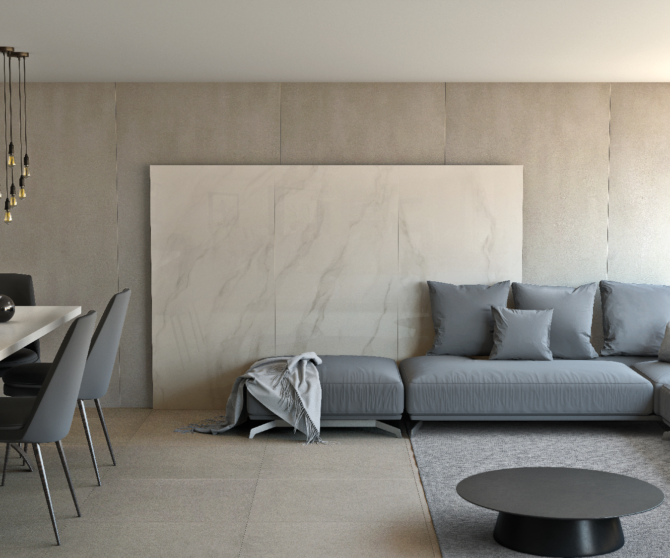 Unir salas de estar e jantar é comum em ambientes integrados (Projeto com lastras Portobello)