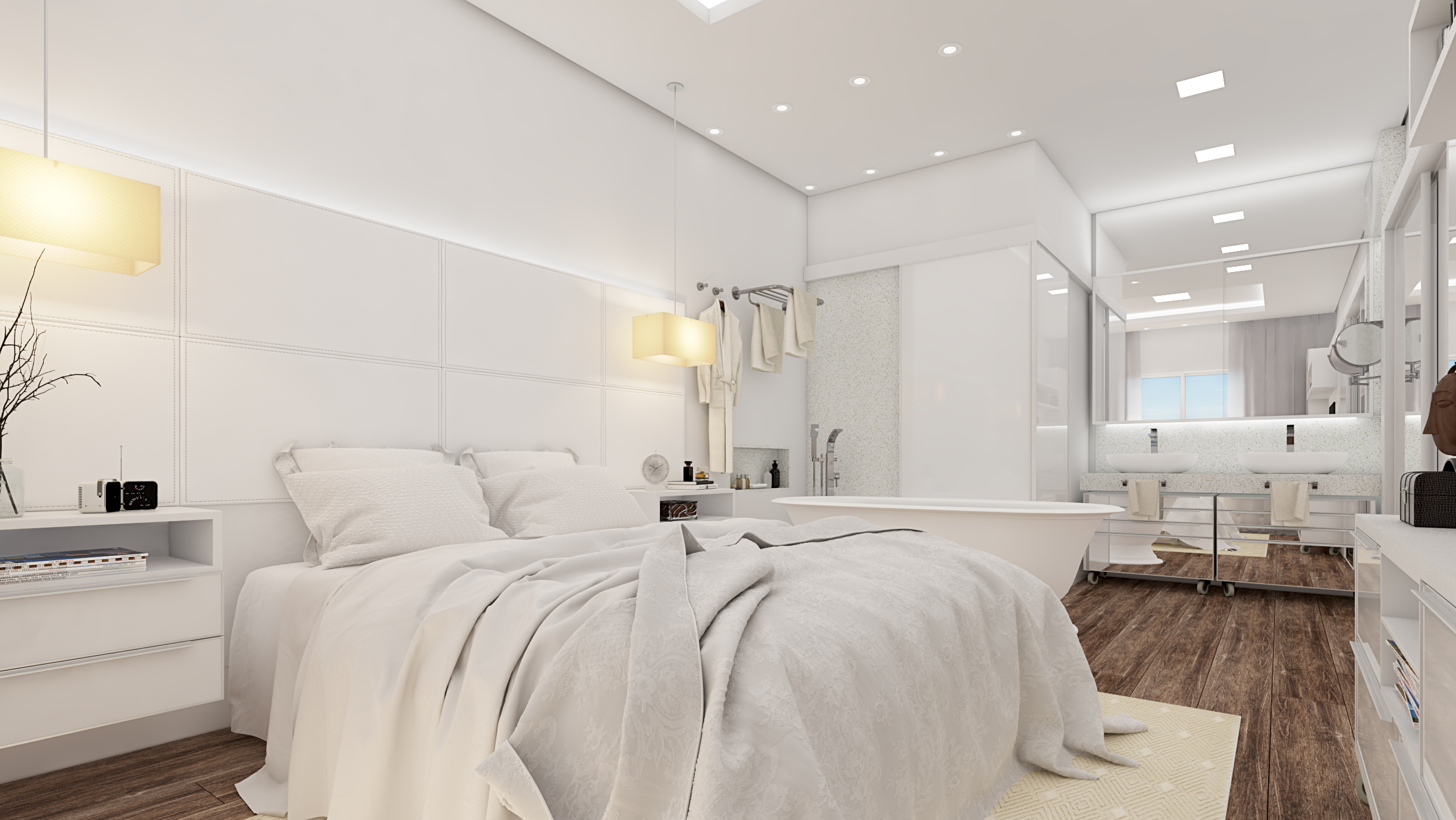 Para integrar o quarto ao banheiro e manter a privacidade, deixe apenas a bancada exposta (Projeto: Ariane Rosa Arquitetura e Design)