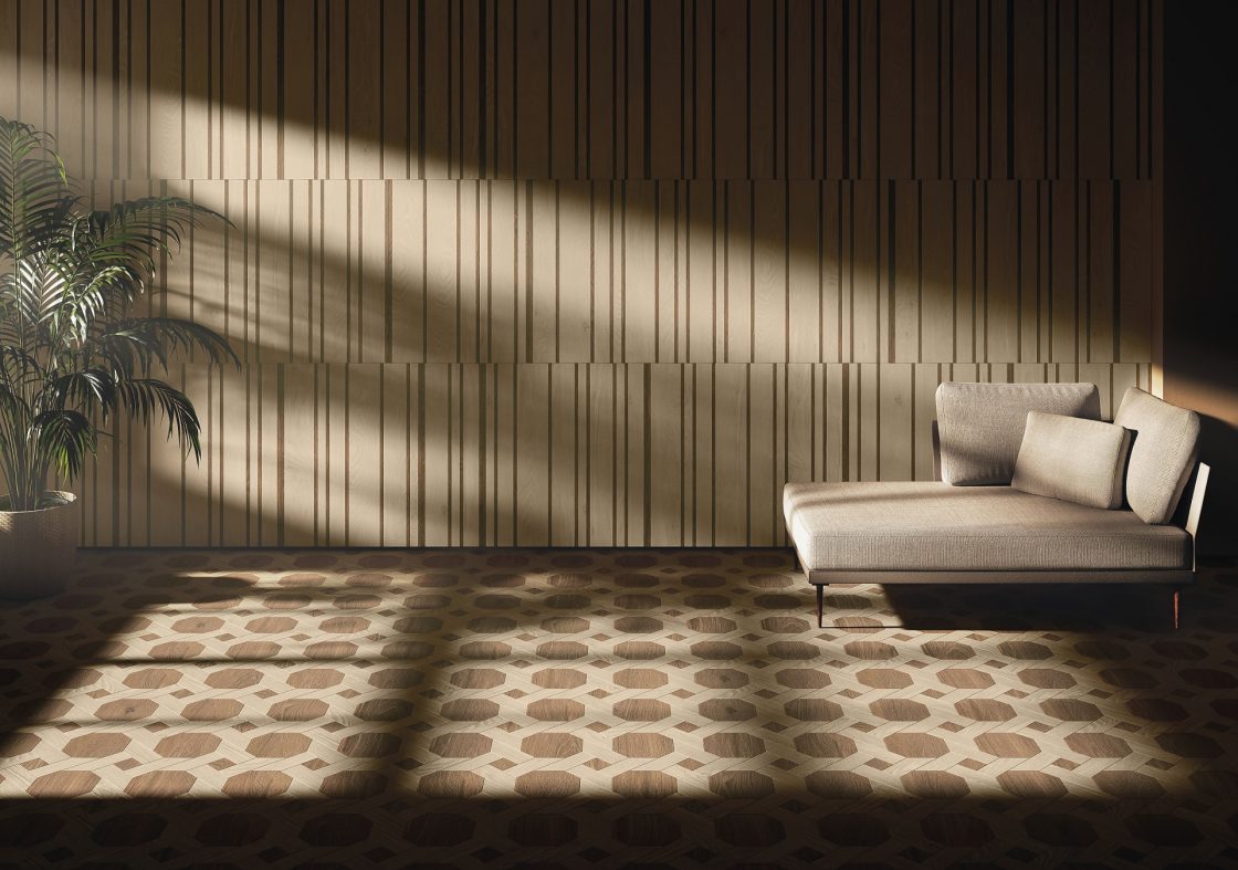 Sala com piso Parquet Paulista, que reproduz madeira