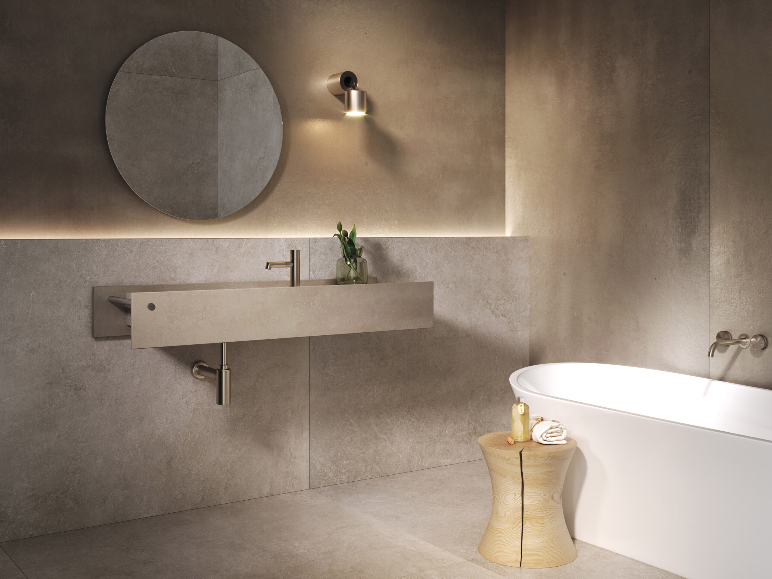 O porcelanato pode servir para construir móveis para o banheiro minimalista (Projeto: Portobello S.A.)