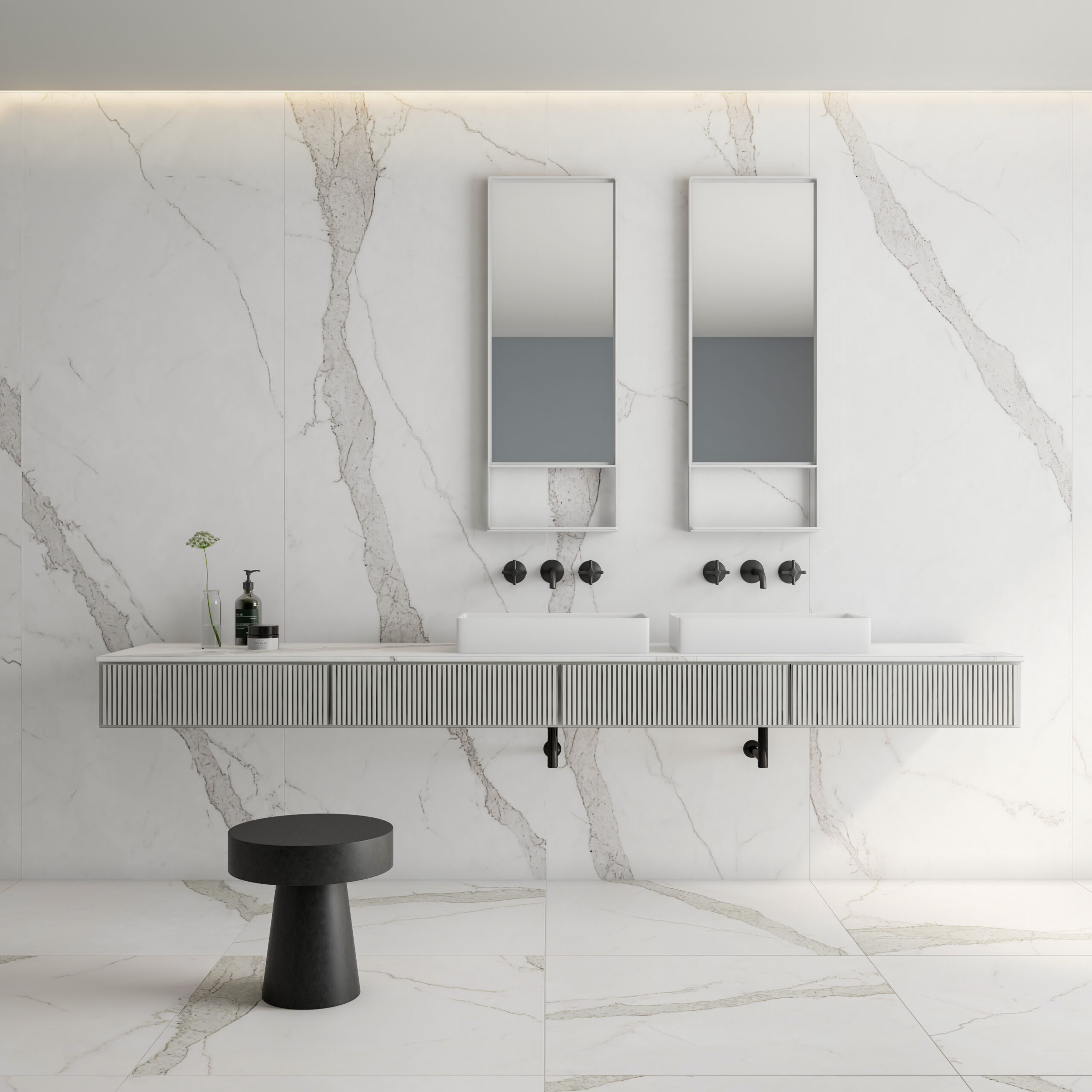 A borda retificada é uma característica interessante para revestimentos de banheiros minimalistas (Projeto: Portobello S.A.)