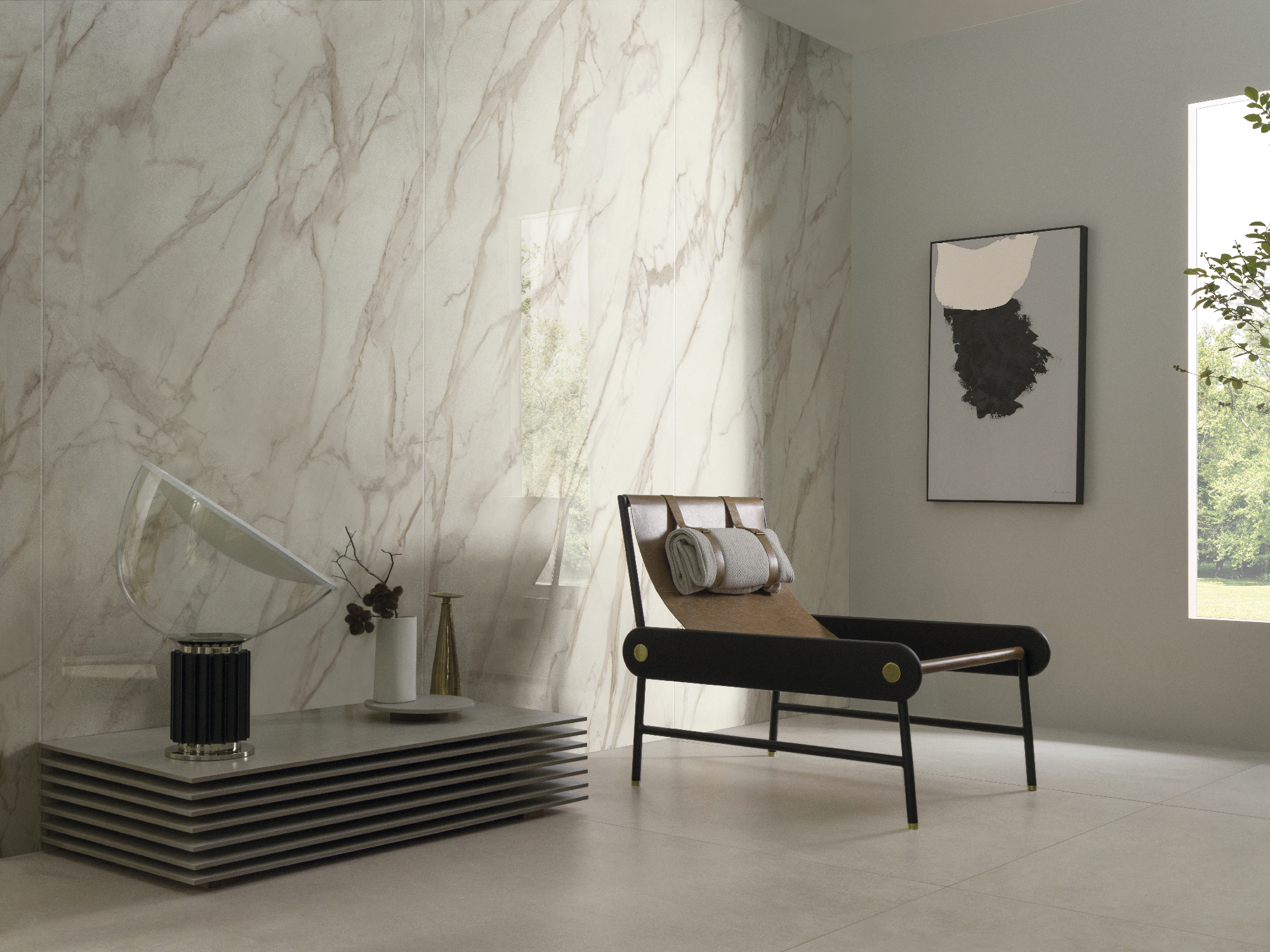 O painel de porcelanato que recria mármore é uma alternativa sustentável, com inúmeros benefícios para decorar a sua casa, como essas lindas lastras no Bianco di Lucca, da Portobello