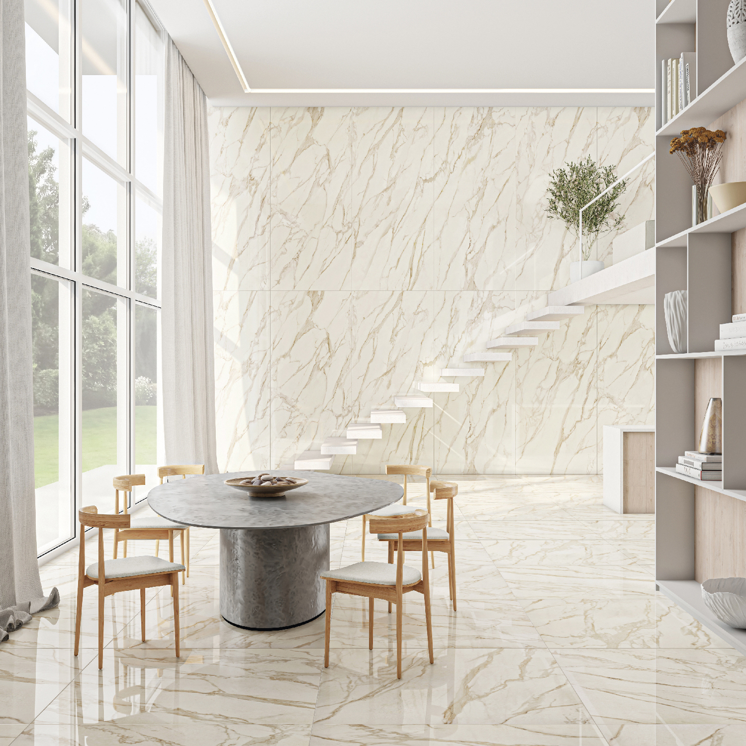 Os grandes painéis de mármore nas salas também trazem sofisticação e ajudam a destacar uma ou mais paredes do ambiente