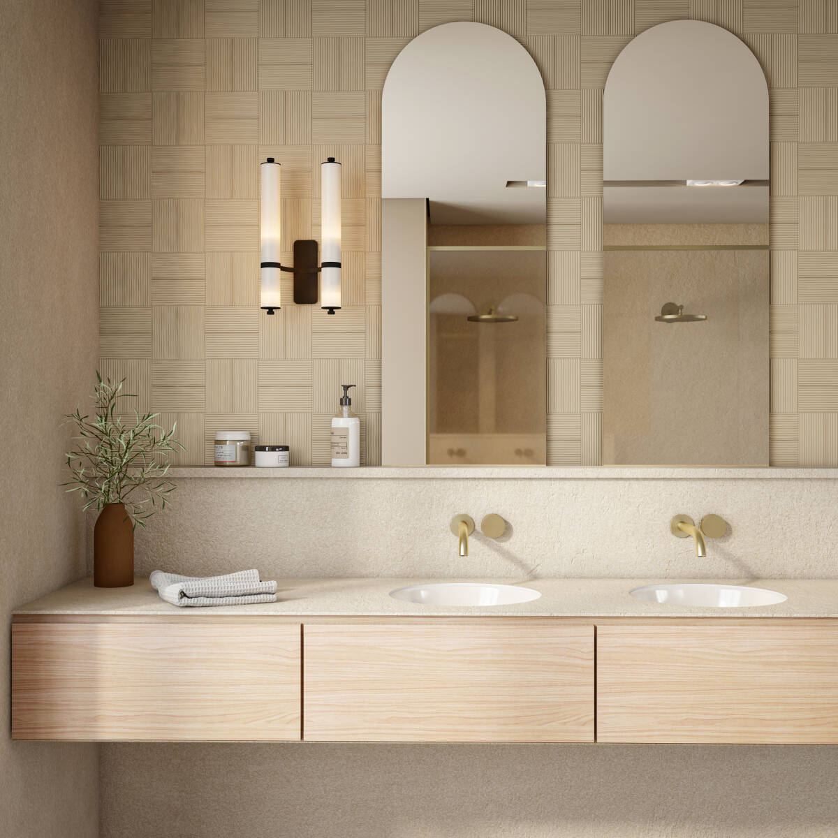 Os banheiros também podem ser decorados com tons terrosos. Mas como tendem a ser ambientes pequenos, prefira as cores mais claras e brinque com as texturas, inclusive nos revestimentos