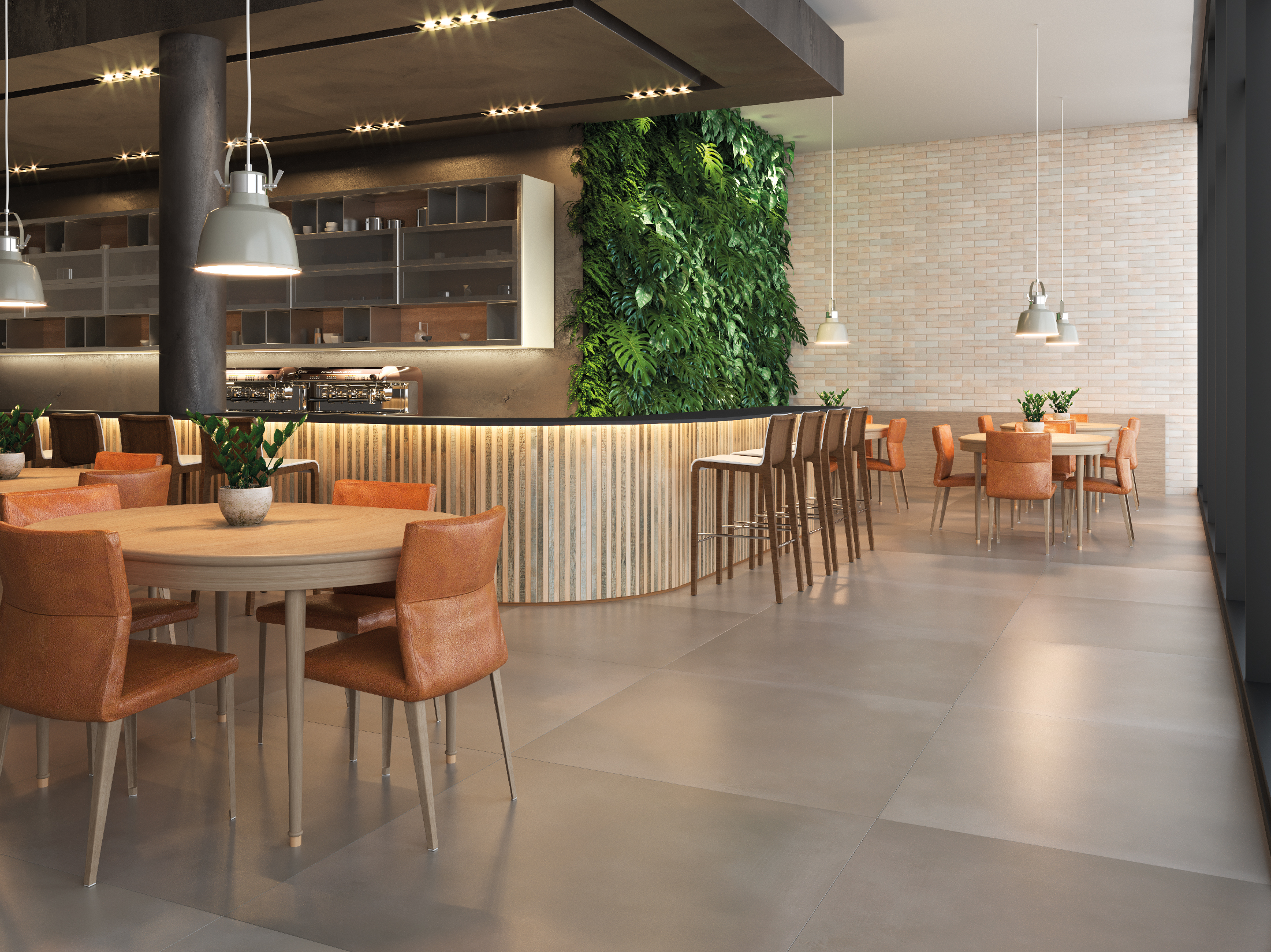 O porcelanato é um grande aliado dos ambientes comerciais, podendo aparecer no salão do seu restaurante e também na cozinha industrial 