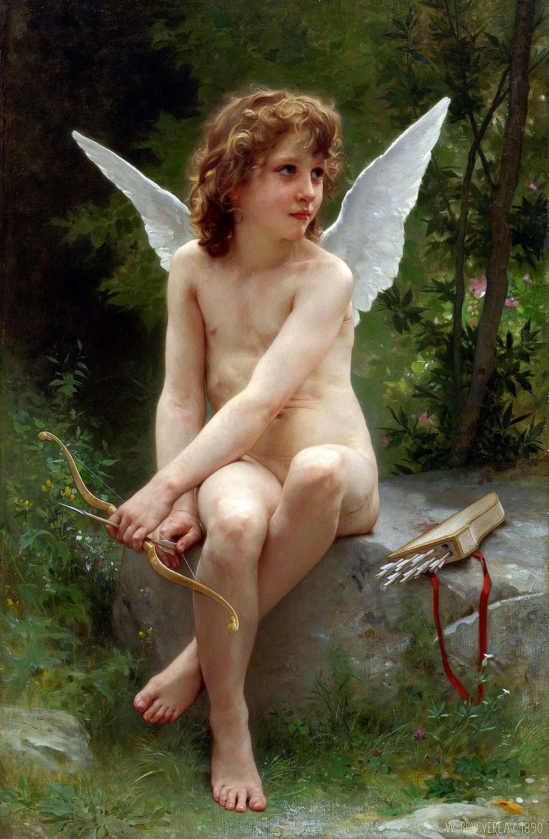 O quadro do pintor William-Adolphe Bouguereau retrata, a partir de linhas renascentistas, o anjo do amor, Cupido, contemplando algo 