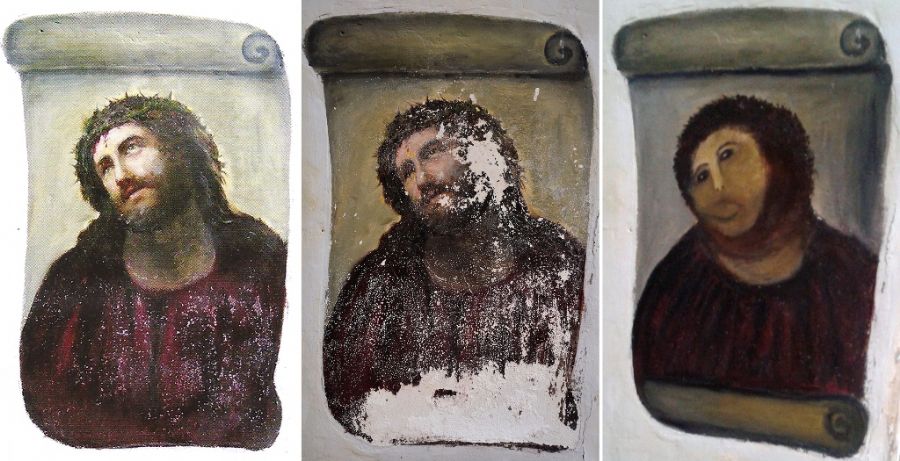 Ainda que uma senhora tenha tentado restaurar a obra original em uma igreja na Espanha, o máximo que ela fez foi transformá-la em kitsch 