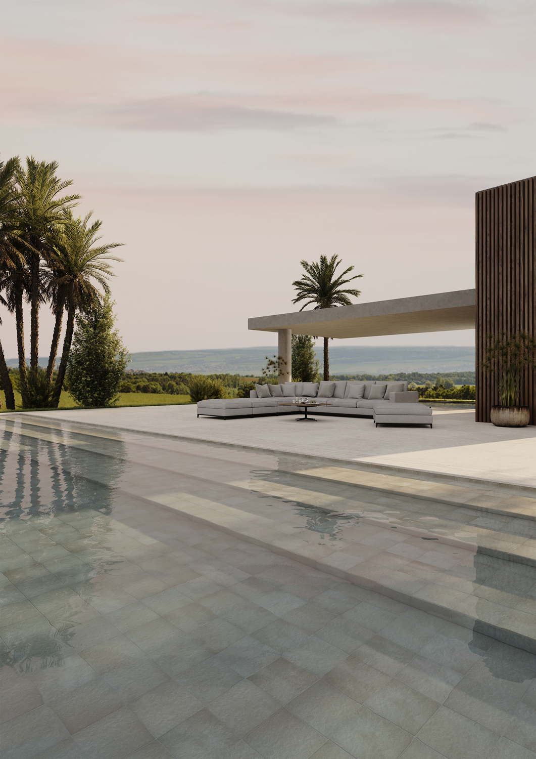 Os tons de cinza ajudam a criar uma piscina moderna e diferenciada