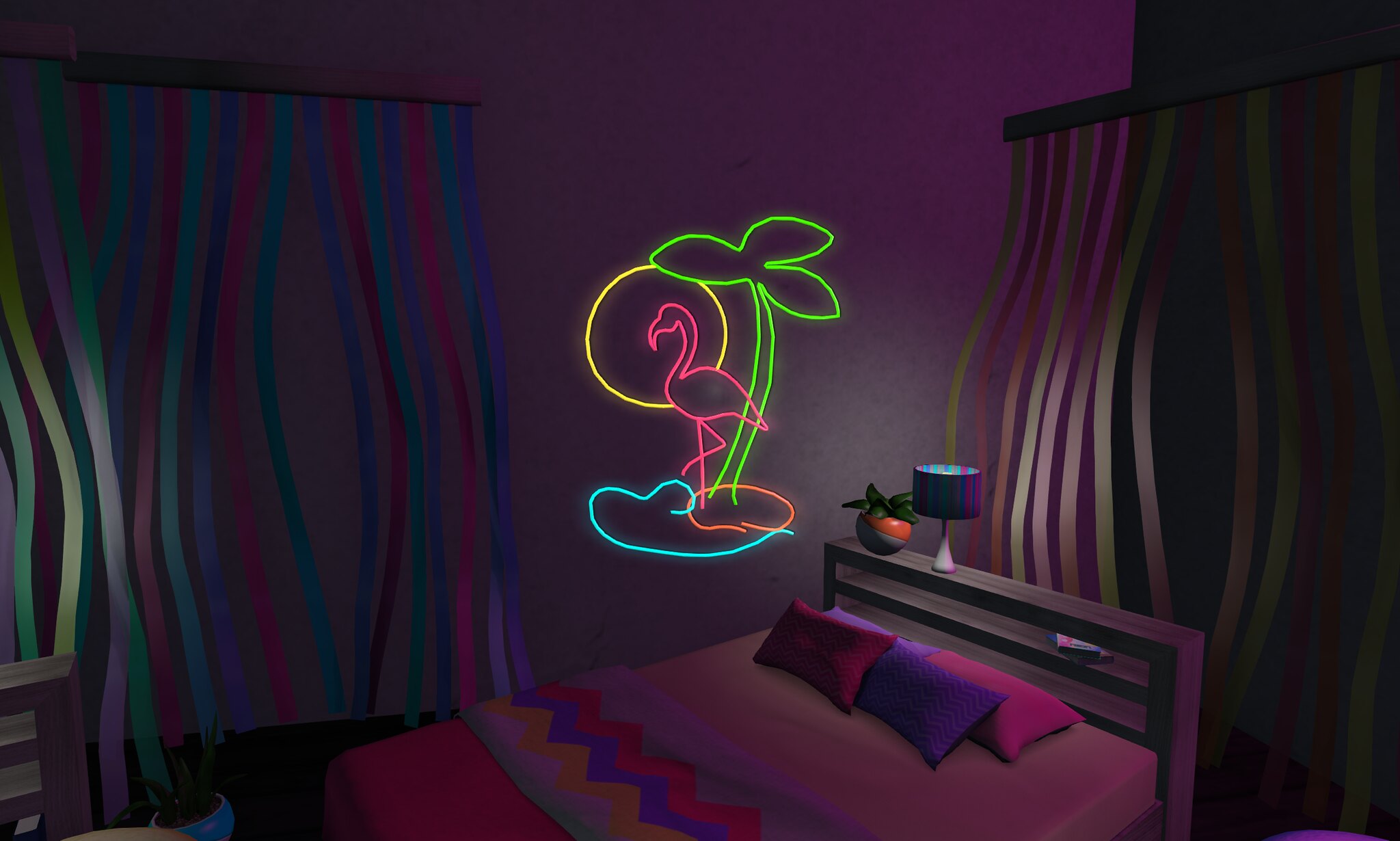 Os letreiros e as luminárias neon adicionam personalidade aos ambientes, criando um ponto focal no quarto