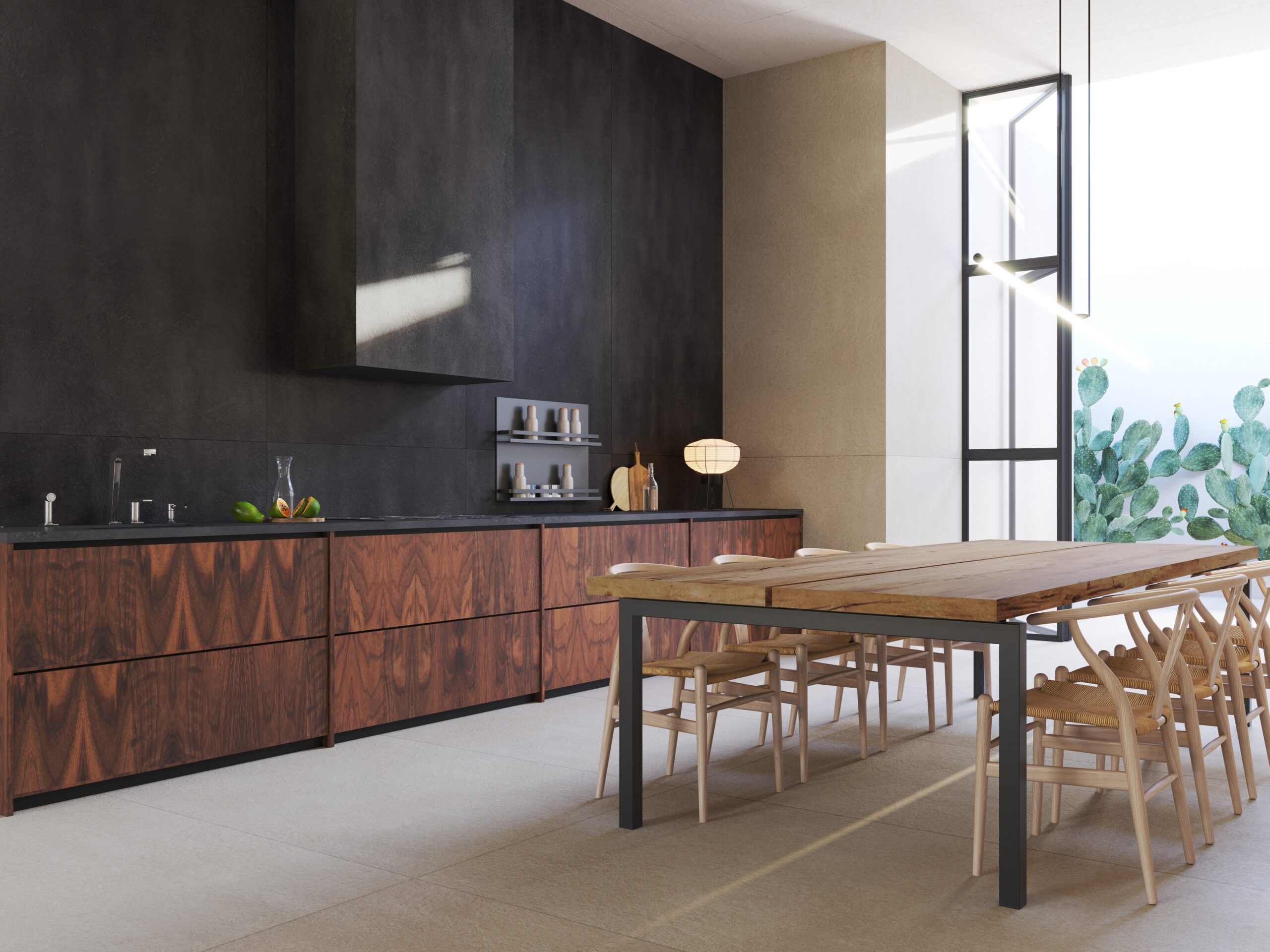 mesa de madeira na cozinha minimalista