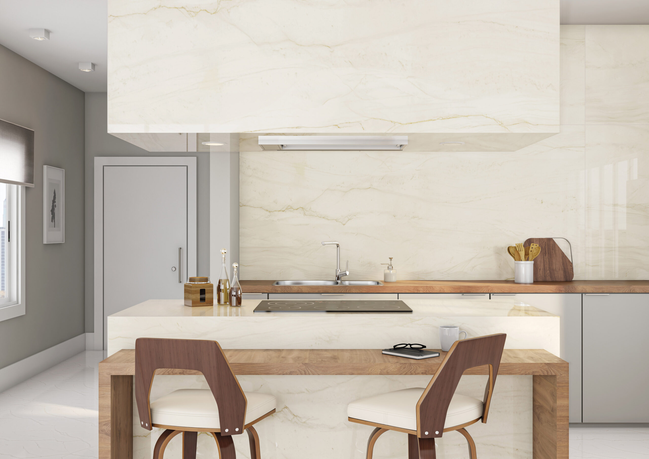 cozinha minimalista com mármore e madeira