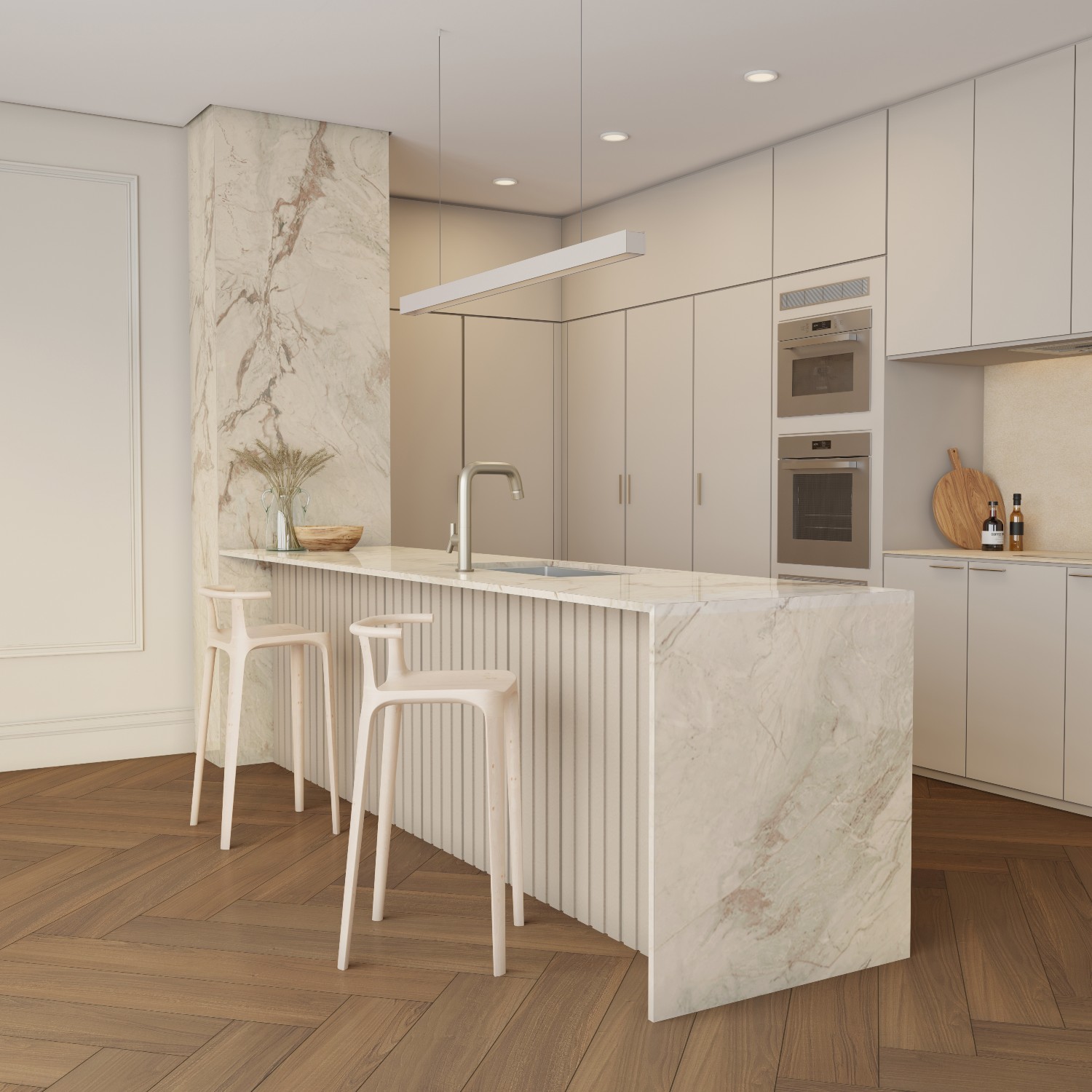 cozinha minimalista com mármores e madeira