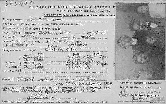 Ficha consular de entrada da família de Chu Ming no Brasil
