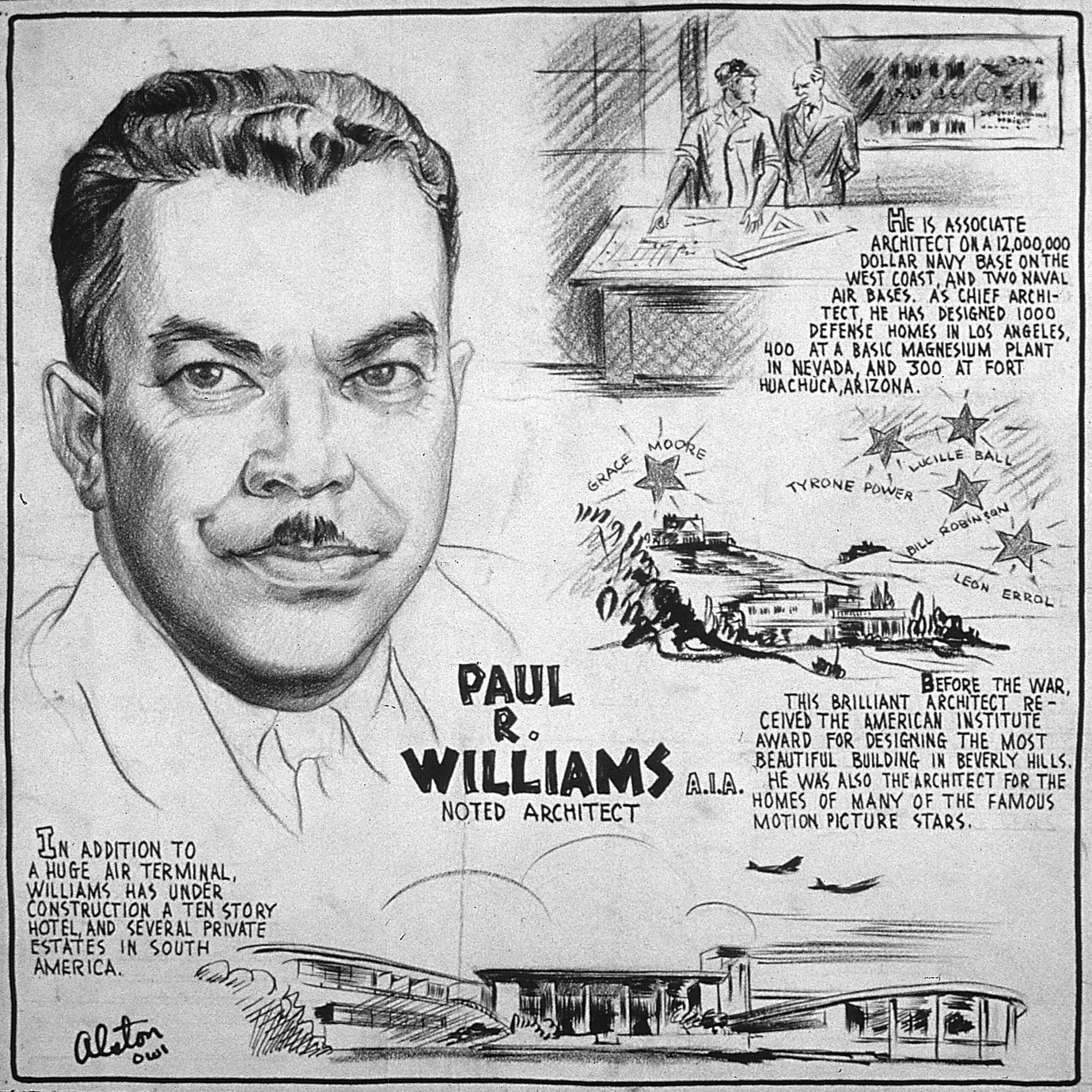 Ilustração de Charles Alston, de 1943. Além de ilustrar Paul Revere Williams, conta um pouco de sua carreira e seus feitos 