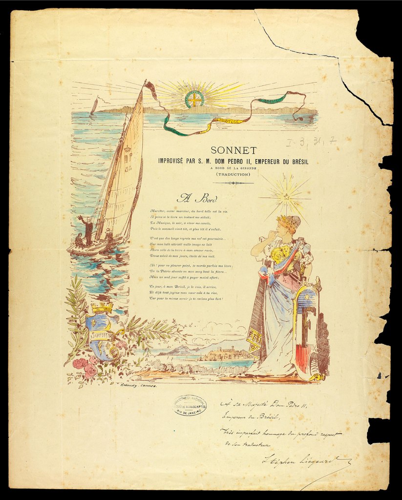Soneto  “A Vida e o Barco”, escrito por Dom Pedro II em 1887, época em que era imperador do Brasil, guardado na Biblioteca Nacional