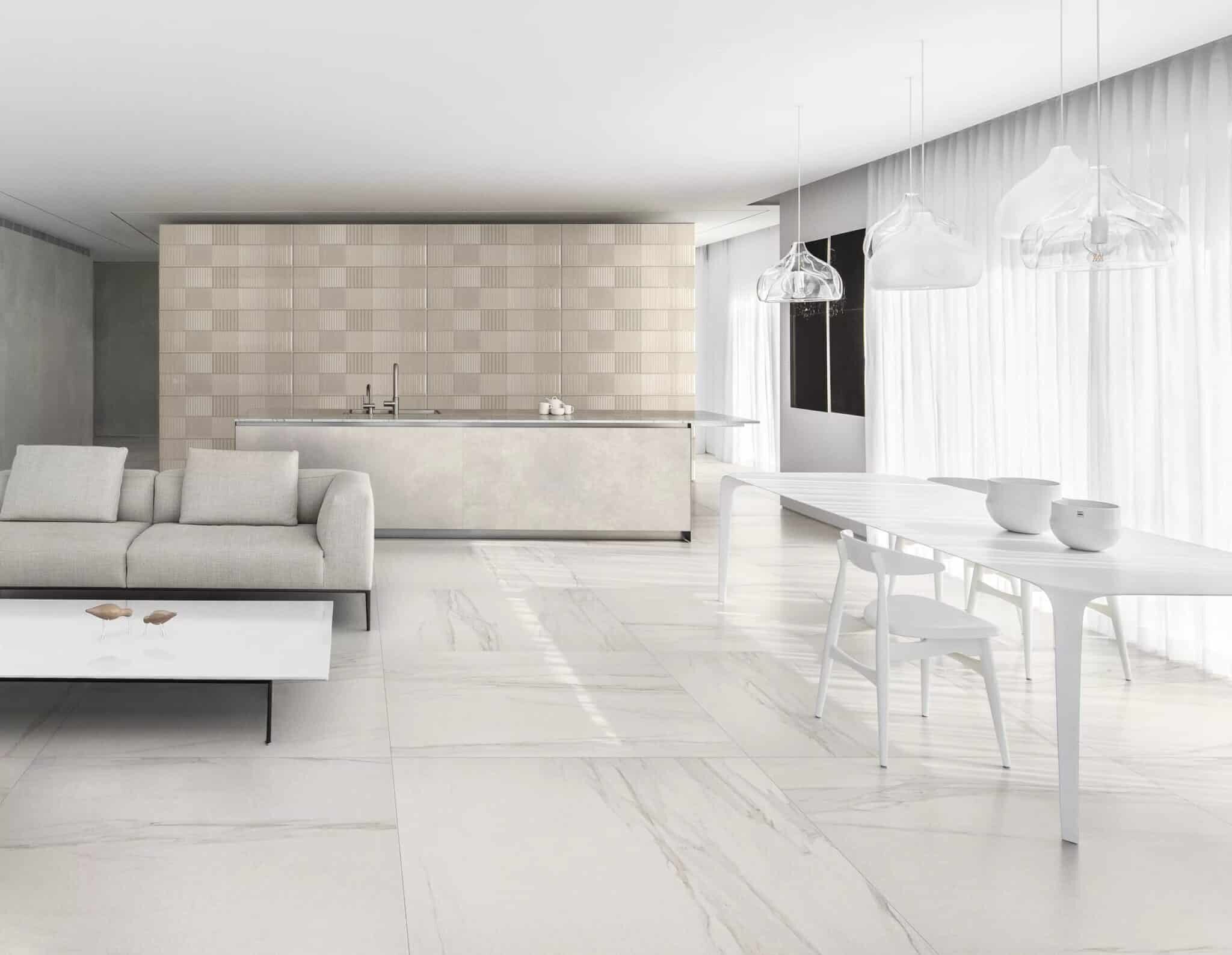 sala revestida com charleston, porcelanato marmorizado da nova coleção portobello 2022 para uma casa dos sonhos