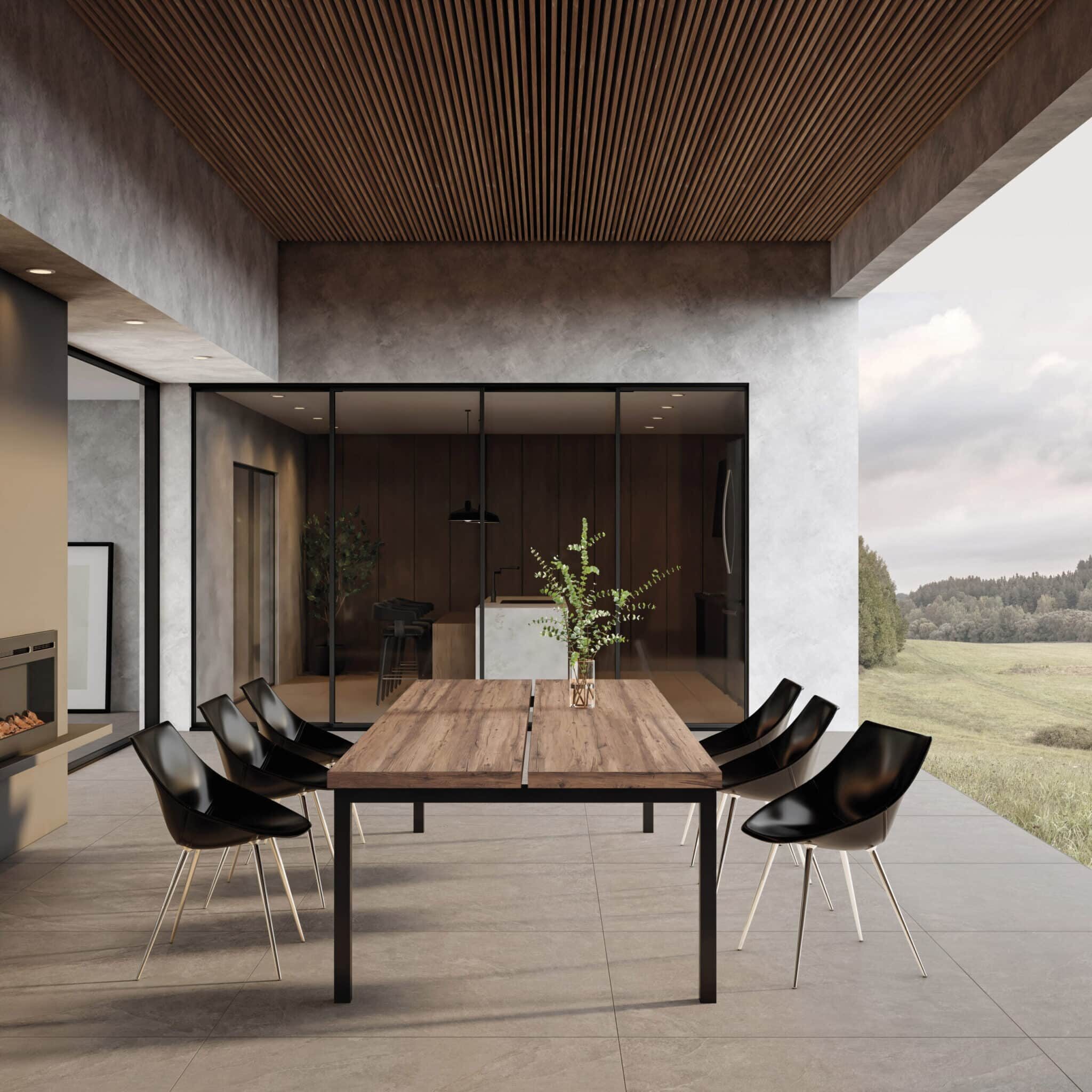 Mesa com porcelanato que reproduz madeira, uma solução de design sustentável
