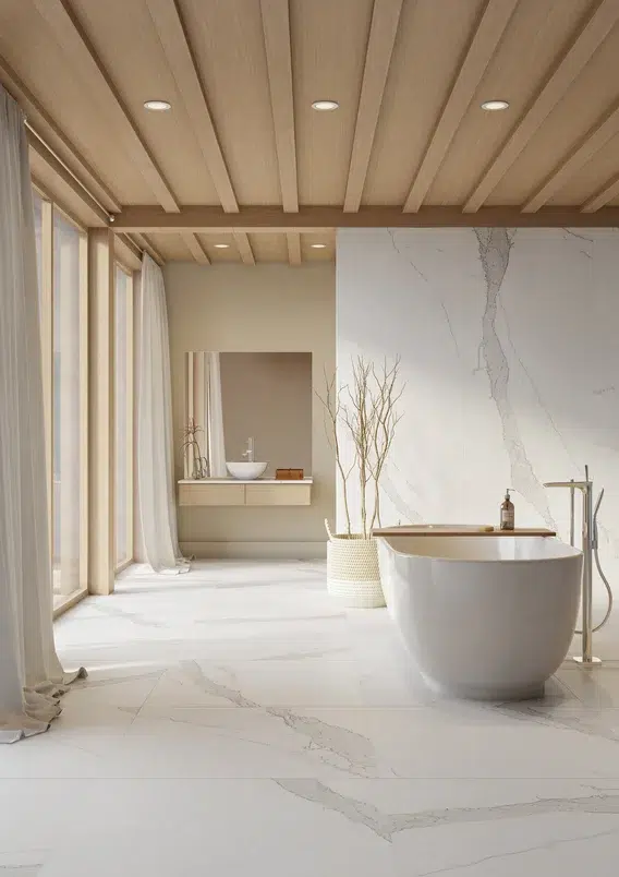 Banheiro branco com banheira e bancada.