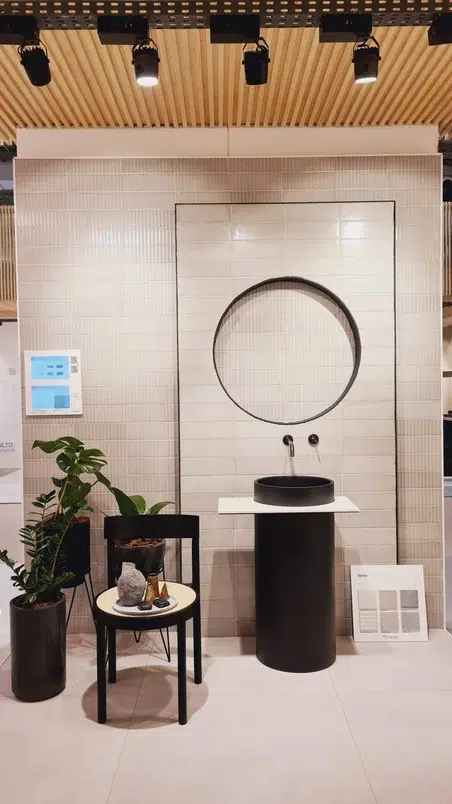 Banheiro minimalista em tons preto e branco com vasos de planta de diferentes tamanhos