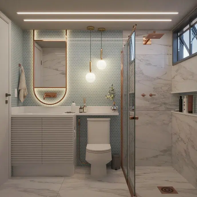 Banheiro no estilo clássico, com bancada e espelho iluminado, box aberto e detalhes em cobre