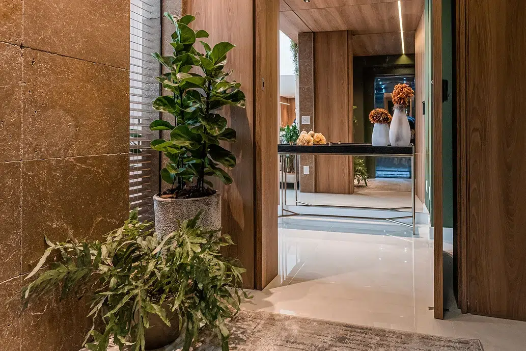 Hall de entrada de uma casa com dois vasos com plantas grandes e um aparador com vasos e plantas.