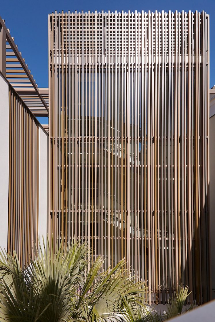 fachada com ripas de madeira por Patrice Gardera e Philippe Pastre