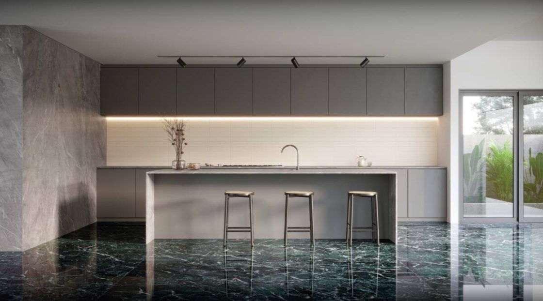 cozinha minimalista com iluminação focada sobre balcão