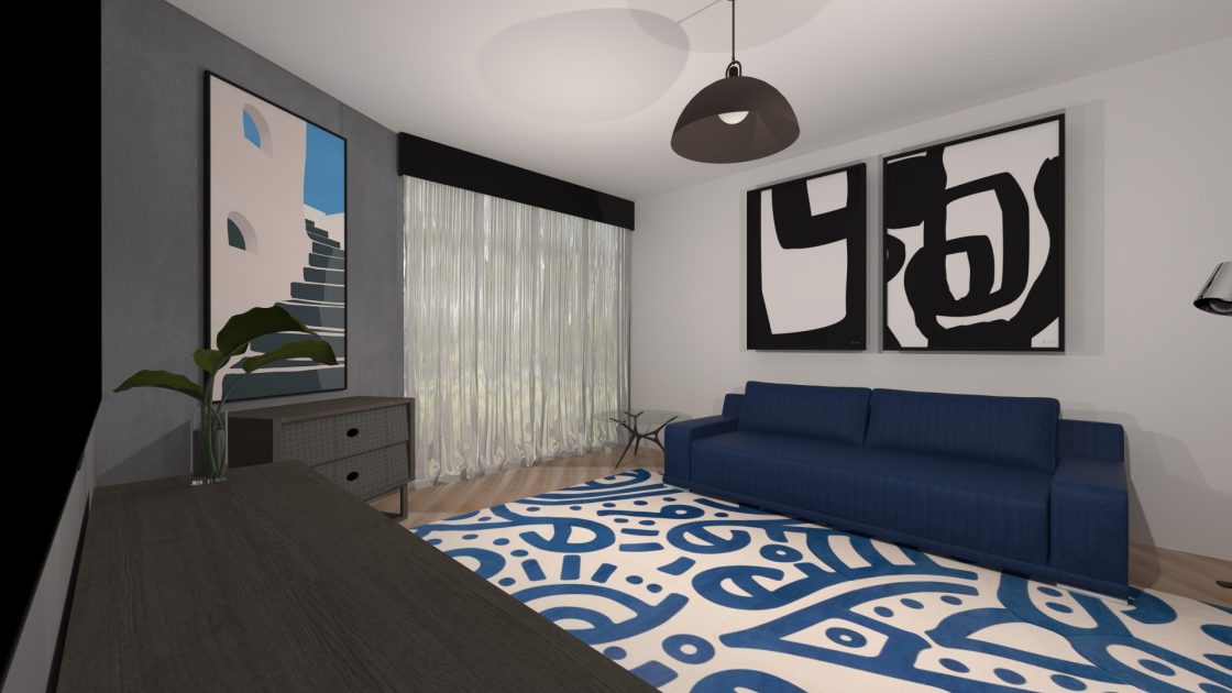 Decoração de sala com móveis e detalhes em tons de cinza e azul.