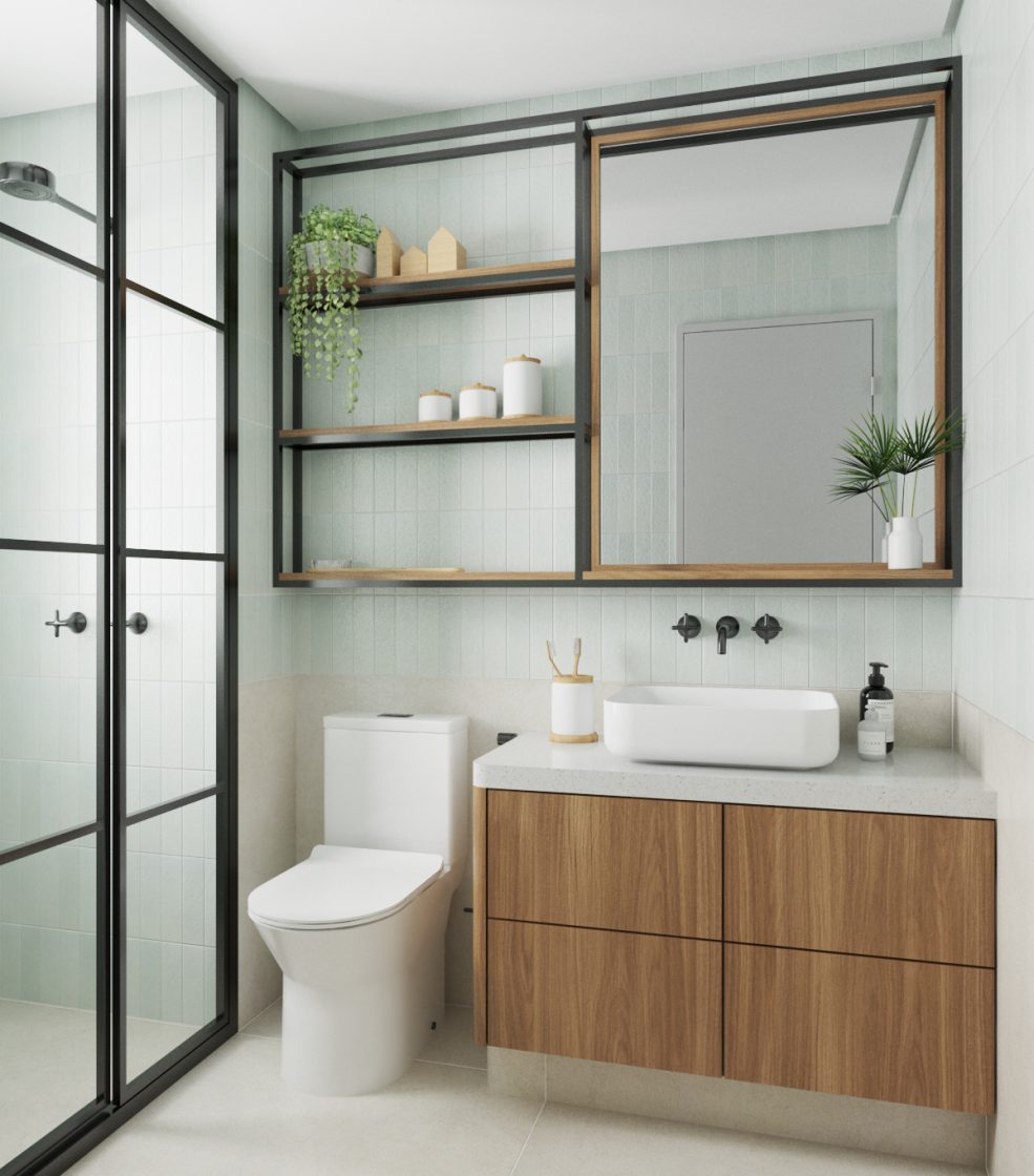 Banheiro neutro e moderno com revestimentos verde-claro na parede