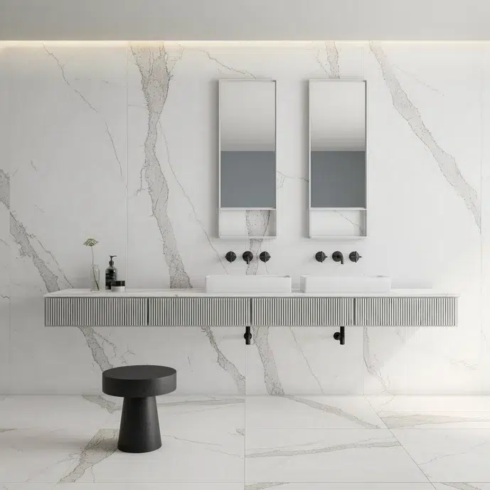 Banheiro revestido com porcelanato marmorizado, Calacatta Blanc, da portobello.