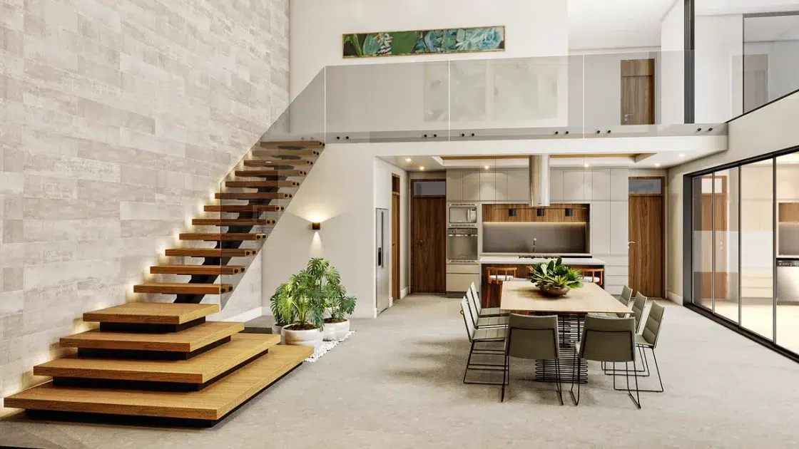 Sala com escada de madeira, mesa de jandar e plantas na decoração