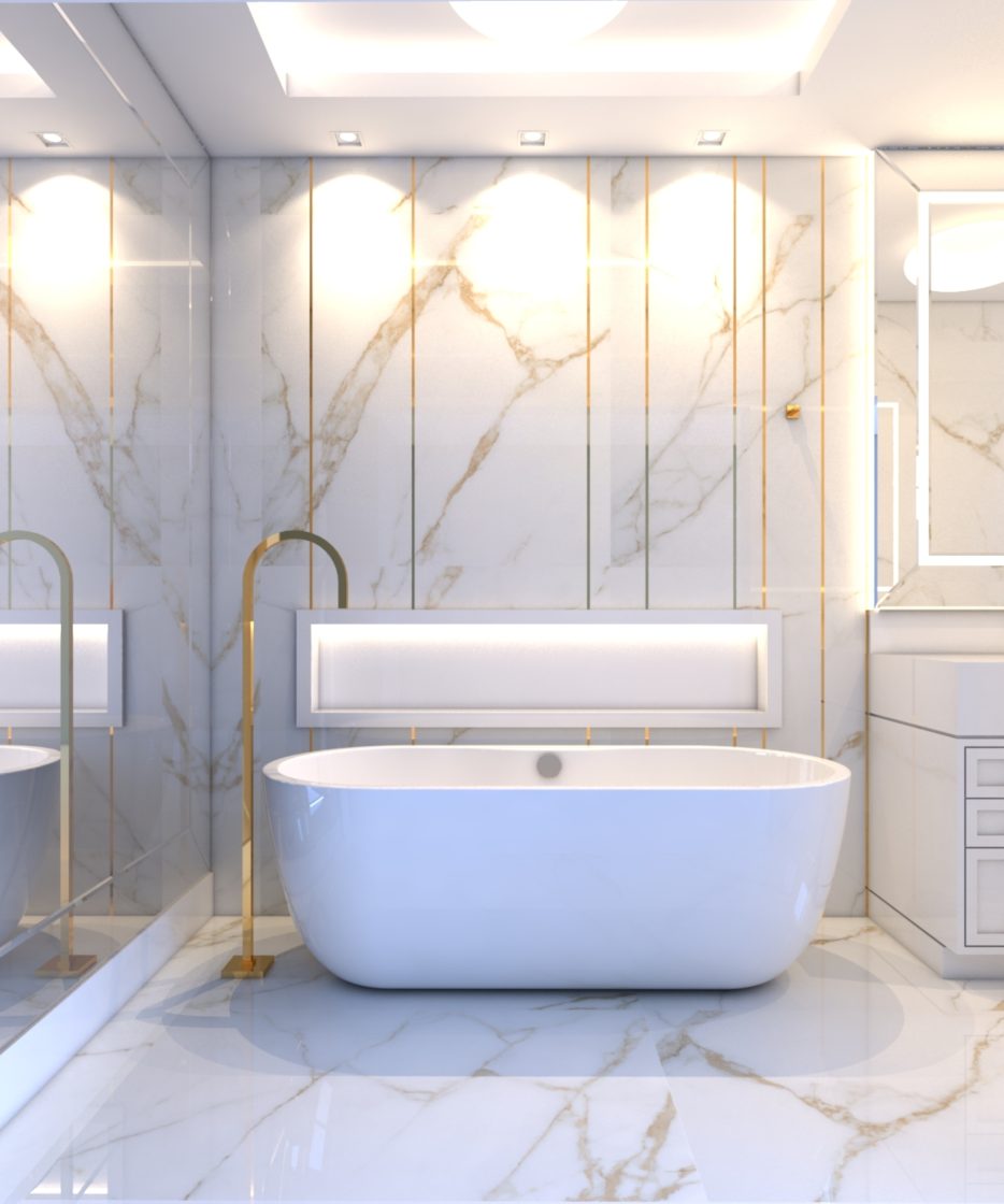 Banheiro de mármore branco com detalhes em dourado e banheira branca ao centro.