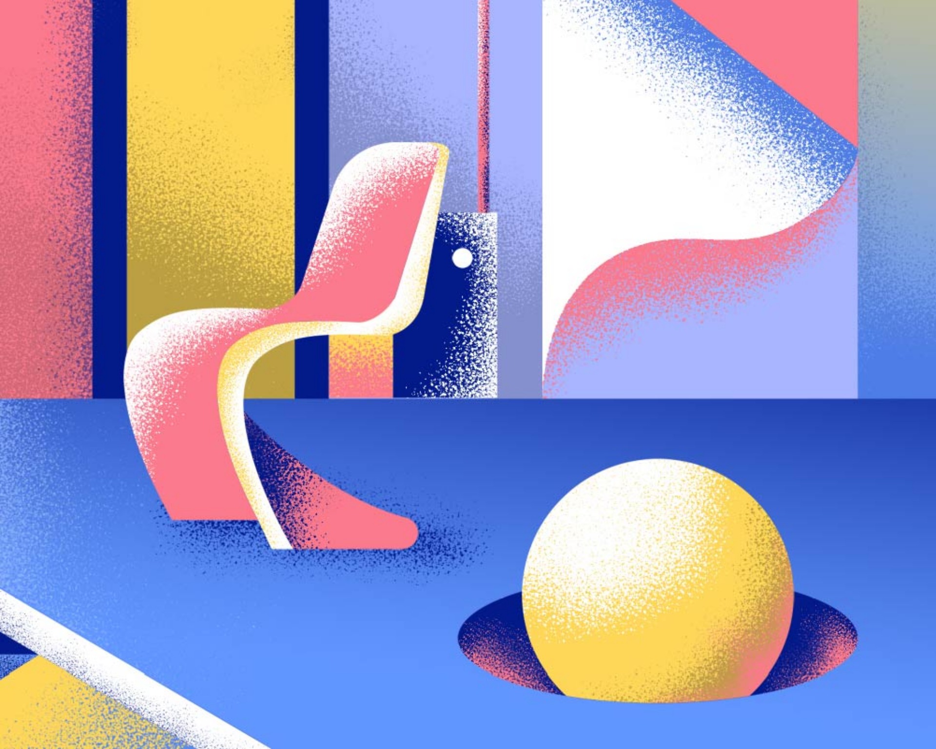 ilustração da brera design week, com desenho de cadeira e uma bola no chão