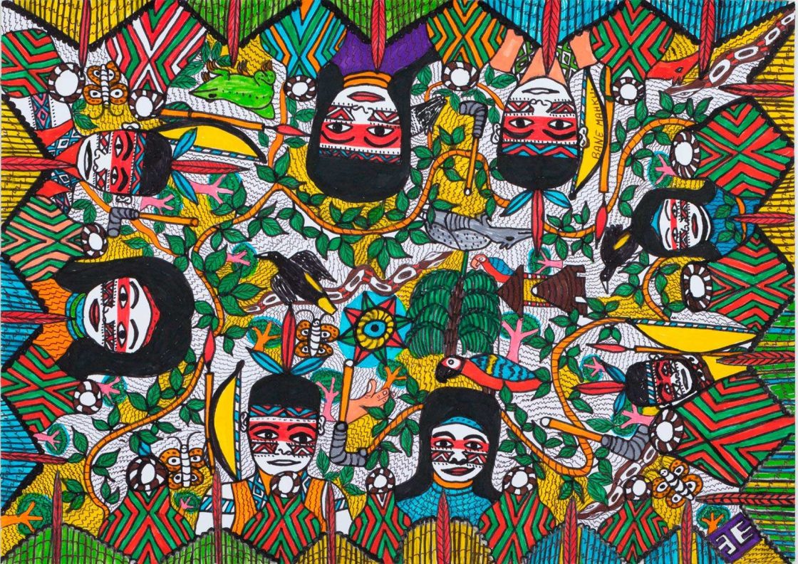 arte indígena, pinturas, esculturas e desenhos produzidos pelo Coletivo Indígena Mahku - Movimento dos Artistas Huni Kuin